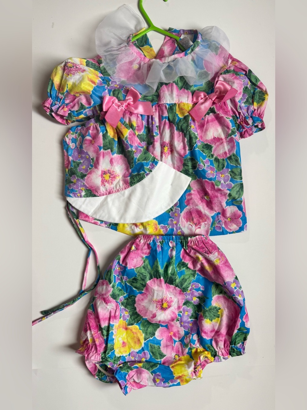 Vintage 80s 3-Piece Floral Dress Bonnet Bloomers Set Deadstock 24M
